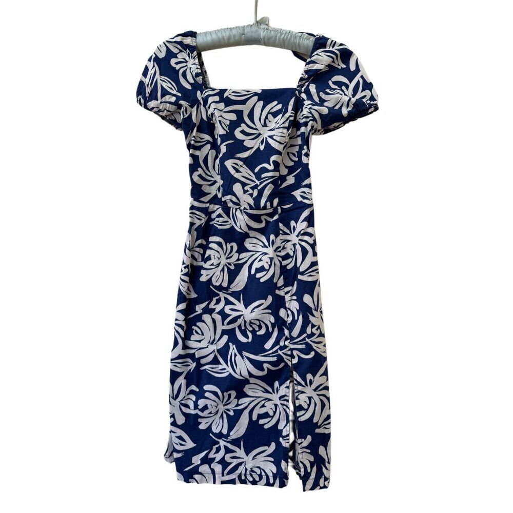 Monteau XS women's mini summer dress royal blue white floral tropical puff sleev